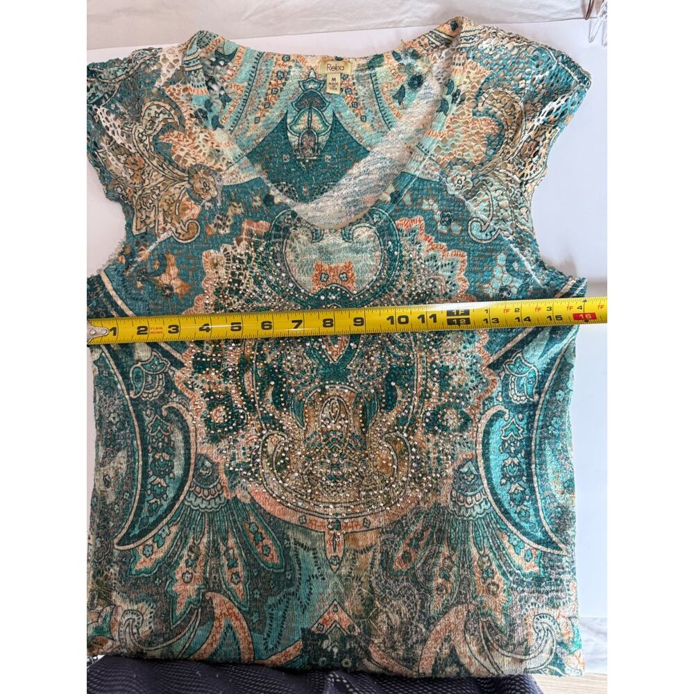 Reba Rhinestoned Paisley Green Midi Dress V-Neck cap sleeve SZ Medium - Picture 8 of 15